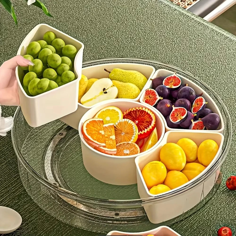 Bandeja giratoria organizadora con frutos secos, fruta y chuches separados por compartimento