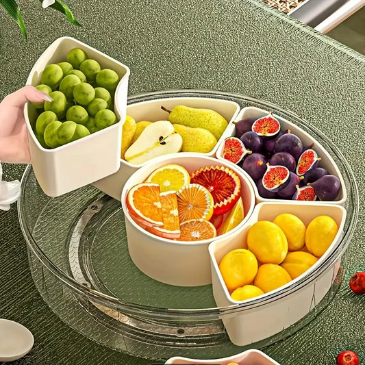 Bandeja giratoria organizadora con frutos secos, fruta y chuches separados por compartimento