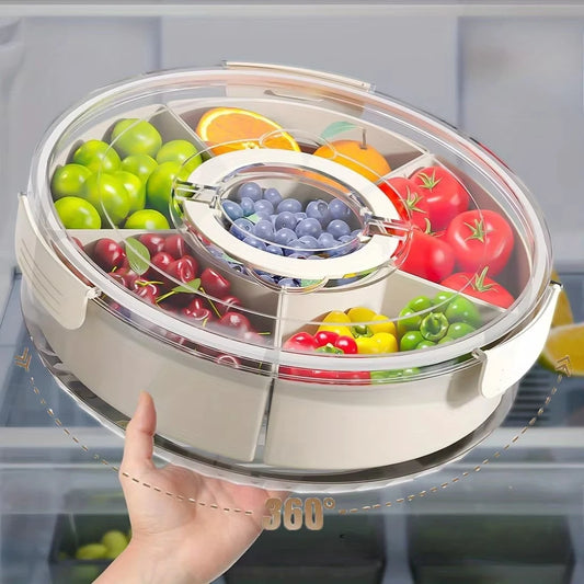 Bandeja giratoria de snacks 360° con tapa transparente y compartimentos individuales